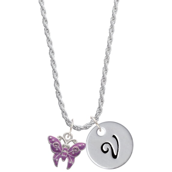 Delight Jewelry Silvertone Hot Purple Butterfly with 2 Crystals Silvertone Script Initial Disc - V - Charm Necklace, 20"+3"