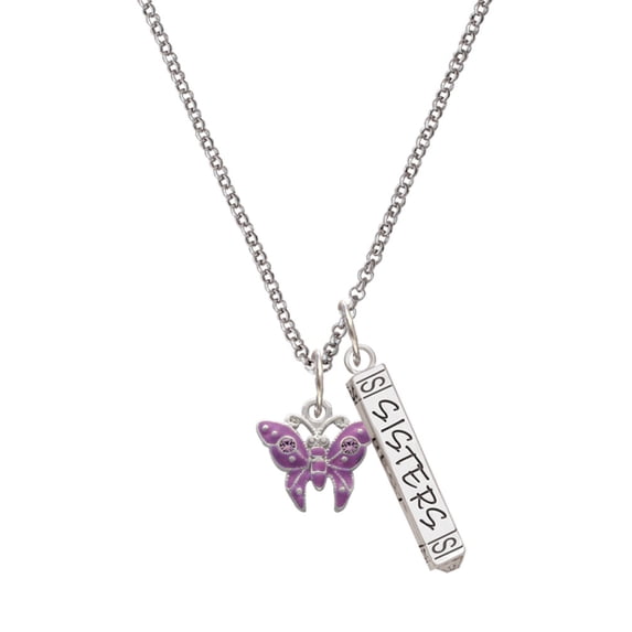 Delight Jewelry Silvertone Hot Purple Butterfly with 2 Crystals Silvertone Sisters Best Friends Forever Bar Charm Necklace, 23"