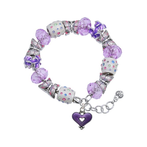 Delight Jewelry Silvertone Hot Purple Enamel Heart with Cutout Purple Butterfly Bead Charm Bracelet, 7"+1" Extender
