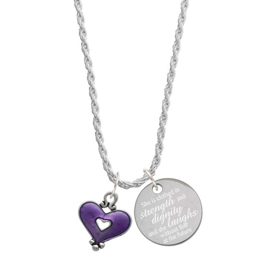 Delight Jewelry Silvertone Hot Purple Enamel Heart with Cutout She is Clothed in Stength and Dignity Charm Necklace, 20"+3"