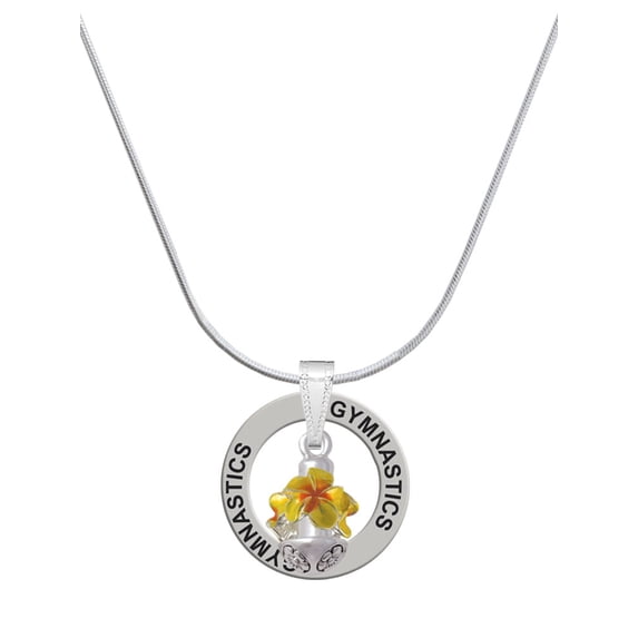 Delight Jewelry Silvertone Hot Yellow & Orange Plumeria Flowers Spinner Gymnastics Ring Charm Necklace, 18"