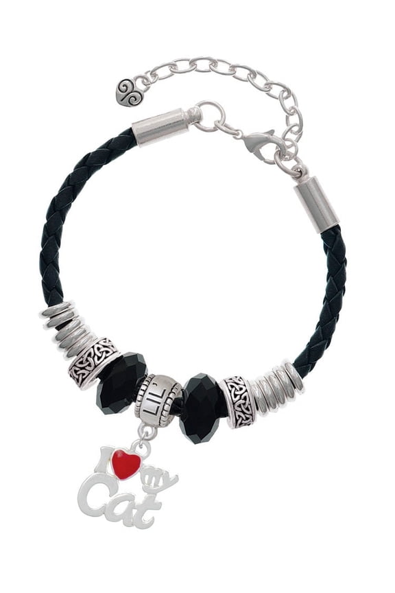 Silvertone I Heart My Cat Sister Celtic Knot Leather Bead Bracelet, 7"+2" Extender