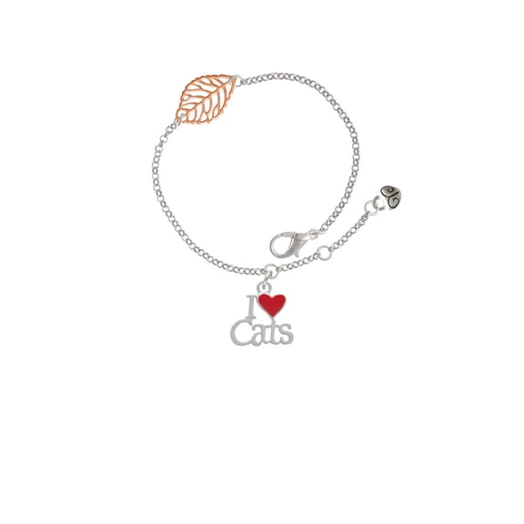 Delight Jewelry Silvertone I Love Cats with Red Heart - Rose Goldtone Leaf Delicate Bracelet, 6.25+1.75"