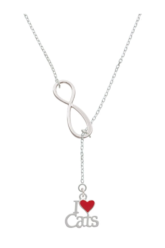 Silvertone I Love Cats with Red Heart Silver tone Elegant Infinity Lariat Necklace