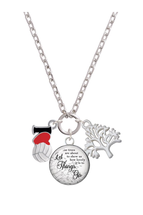Silvertone I Love Volleyball - Red Heart Let Things Go Fall Zoey Charm Necklace, 28"