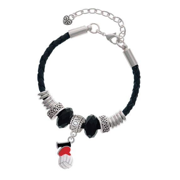 Delight Jewelry Silvertone I Love Volleyball - Red Heart Mom Celtic Knot Leather Bead Bracelet, 7"+2" Extender