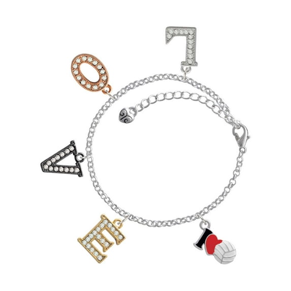 Delight Jewelry Silvertone I Love Volleyball - Red Heart Multi-Colored Crystal Love Charm Bracelet