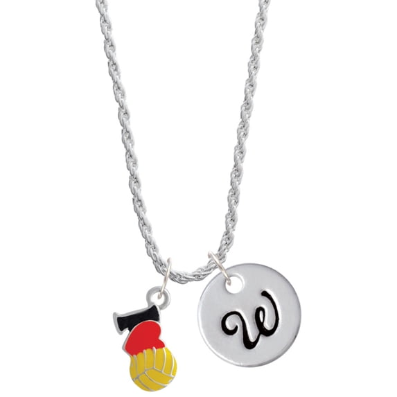Delight Jewelry Silvertone I Love Water polo - Red Heart Silvertone Script Initial Disc - W - Charm Necklace, 20"+3"