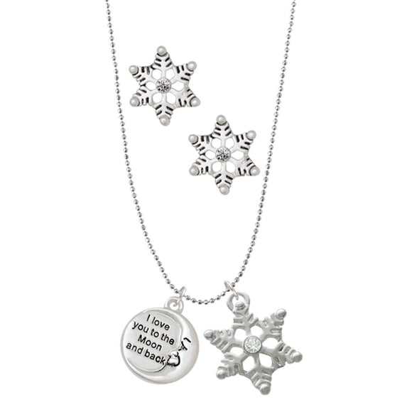 Delight Jewelry Silvertone I Love You to the Moon and Back Silver tone Snowflake Charm Necklace and Stud Earrings