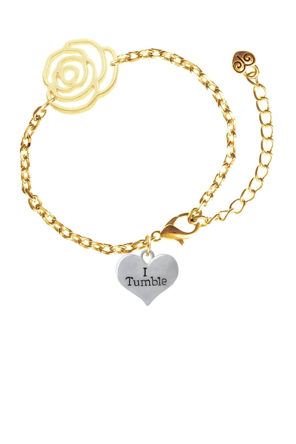 Silvertone I Tumble Heart Gold-tone Flower Link Chain Bracelet, 6.75"+2" Extender