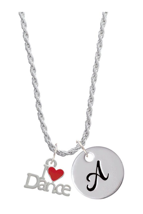 Silvertone I love Dance with Red Heart Silvertone Script Initial Disc - A - Charm Necklace, 20"+3"