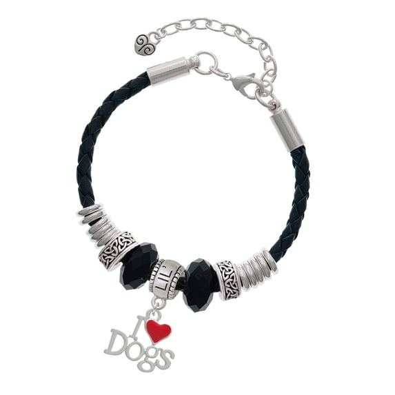 Delight Jewelry Silvertone I love Dogs with Red Heart Middle Sister Celtic Knot Leather Bead Bracelet, 7"+2" Extender