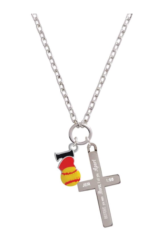 Silvertone I love Softball - Red Heart I Set You Apart Engraved Cross Zoey Necklace, 28"