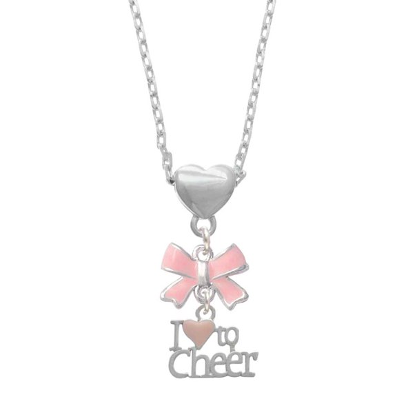 Delight Jewelry Silvertone I love to Cheer with Pink Heart Pink Bow Heart Necklace