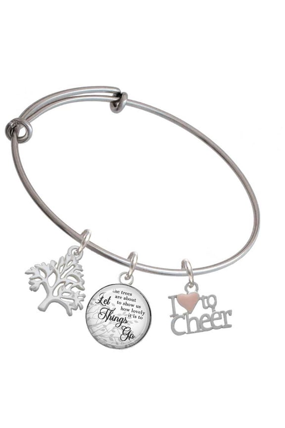 Silvertone I love to Cheer with Pink Heart Silvertone Let Things Go Tree Charm Bangle Bracelet