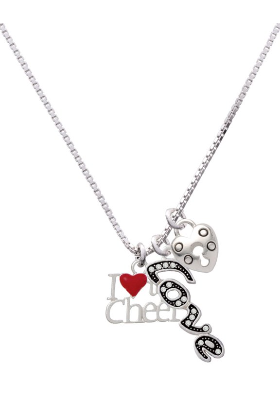 Silvertone I love to Cheer with Red Heart - Love and Lock Charm Necklace, 18"+1"