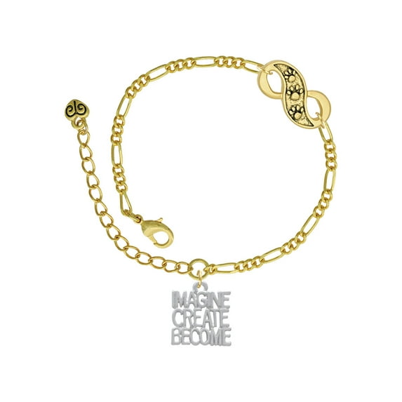 Delight Jewelry Silvertone Imagine Create Become Gold-tone Paw Infinity Link Chain Bracelet, 6"+2" Extender