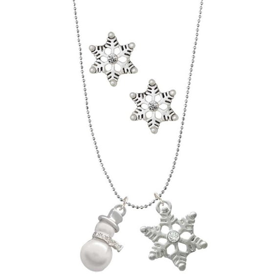 Delight Jewelry Silvertone Imitation Pearl Snowman Silver tone Snowflake Charm Necklace and Stud Earrings