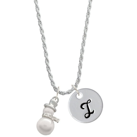 Delight Jewelry Silvertone Imitation Pearl Snowman Silvertone Script Initial Disc - I - Charm Necklace, 20"+3"