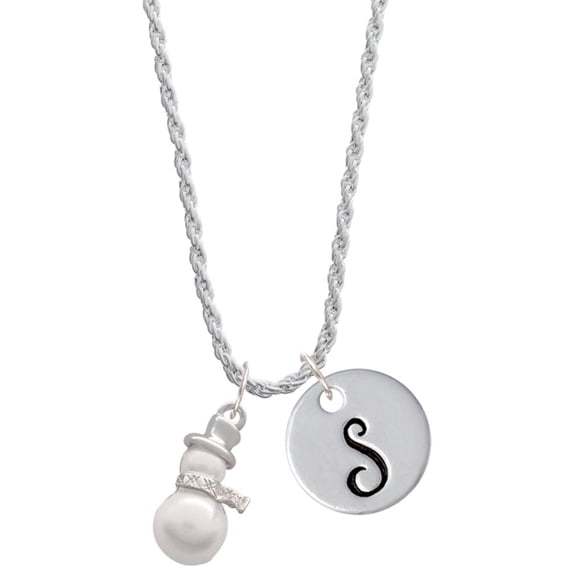 Delight Jewelry Silvertone Imitation Pearl Snowman Silvertone Script Initial Disc - S - Charm Necklace, 20"+3"