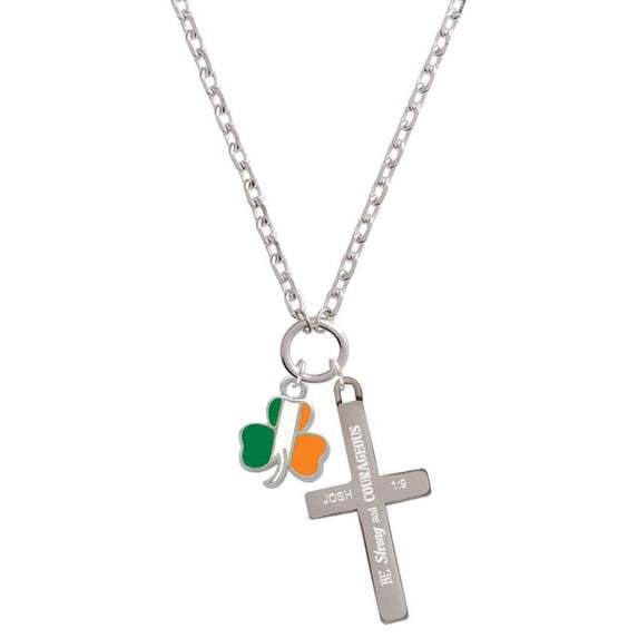 Delight Jewelry Silvertone Irish Flag Shamrock Be Strong and Courageous Engraved Cross Zoey Necklace, 28"