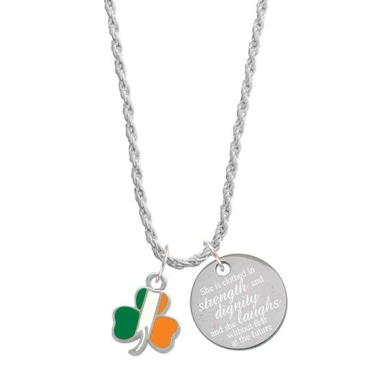 Delight Jewelry Silvertone Irish Flag Shamrock She is Clothed in Stength and Dignity Charm Necklace, 20"+3"