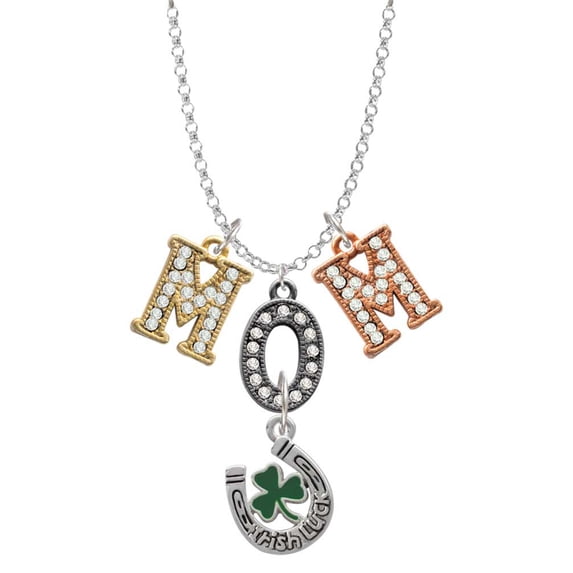 Delight Jewelry Silvertone Irish Luck Horseshoe with Shamrock Multi-Colored Crystal Mom Charm Necklace