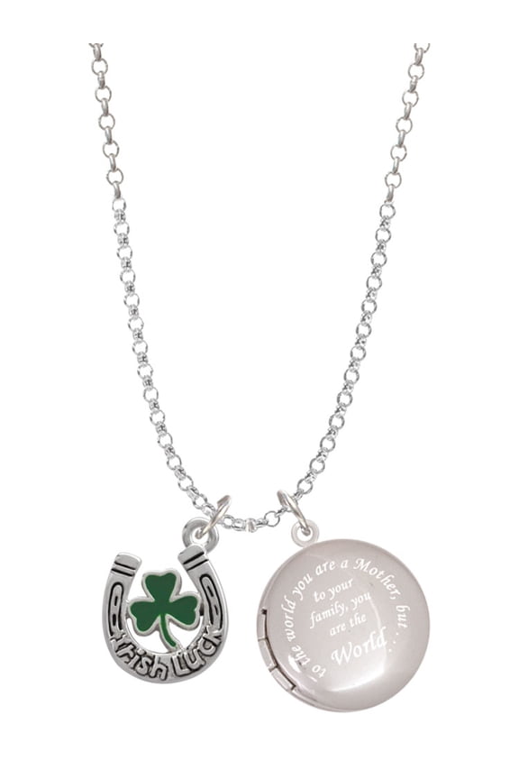 Silvertone Irish Luck Horseshoe with Shamrock To the World You are a Mother Locket Necklace