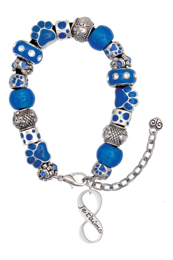 Silvertone Je T'aime Infinity Sign Blue Paw Print Bead Bracelet, 7"+2"
