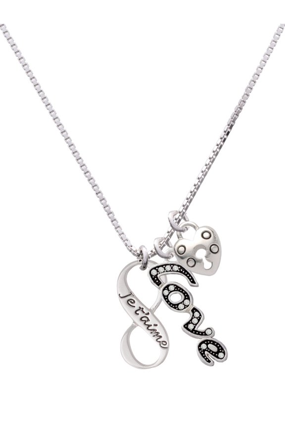 Silvertone Je T'aime Infinity Sign - Love and Lock Charm Necklace, 18"+1"