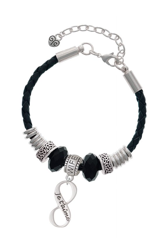 Silvertone Je T'aime Infinity Sign Wife Celtic Knot Leather Bead Bracelet, 7"+2" Extender