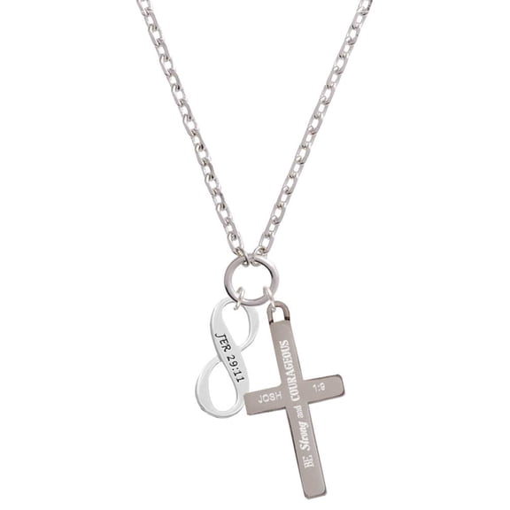 Delight Jewelry Silvertone Jeremiah 29:11 Infinity Sign Be Strong and Courageous Engraved Cross Zoey Necklace, 28"