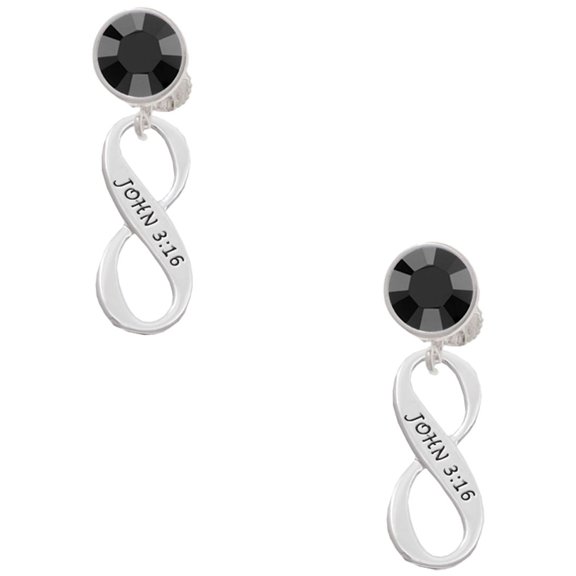 Delight Jewelry Silvertone John 3:16 Infinity Sign Black Crystal Clip on Earrings