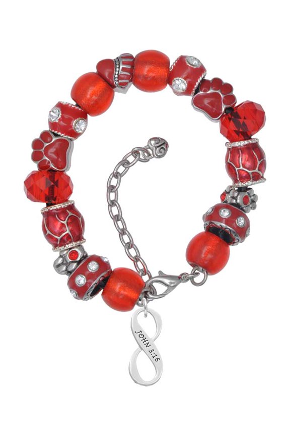 Silvertone John 3:16 Infinity Sign Red Paw Print Bead Bracelet, 7"+2"