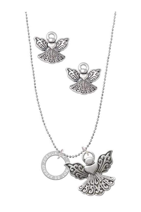 Silvertone Joshua 1:9 Eternity Ring Silver tone Guardian Angel Charm Necklace and Stud Earrings