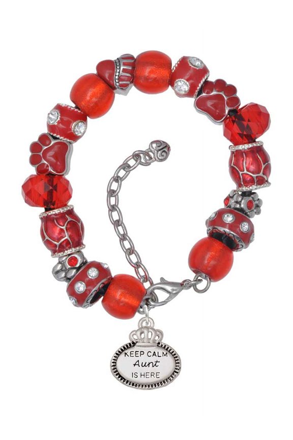 Silvertone Keep Calm Aunt is Here Red Paw Print Bead Bracelet, 7"+2"