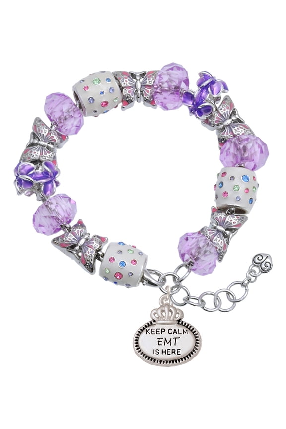 Silvertone Keep Calm EMT is Here Purple Butterfly Bead Charm Bracelet, 7"+1" Extender