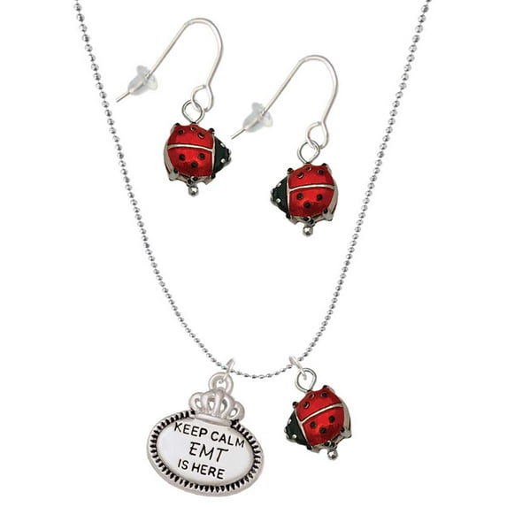 Delight Jewelry Silvertone Keep Calm EMT is Here Red Lucky Ladybug Necklace and Dangle Earrings Set
