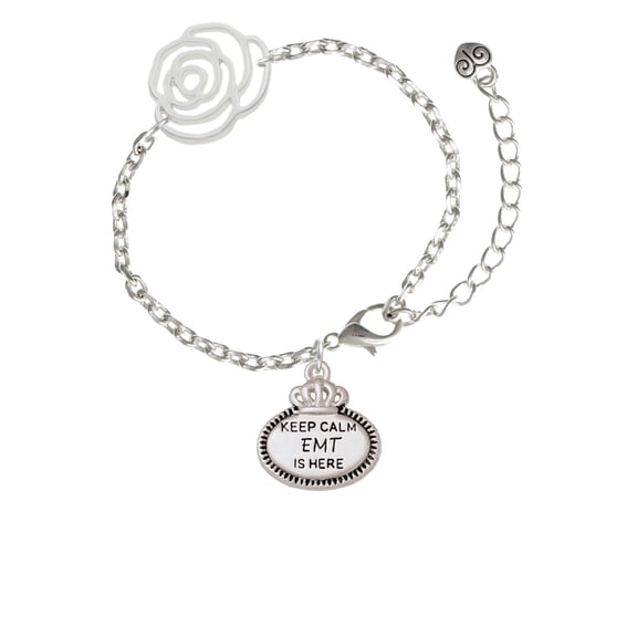 Delight Jewelry Silvertone Keep Calm EMT is Here Silver-tone Flower Link Chain Bracelet, 6.75"+2" Extender