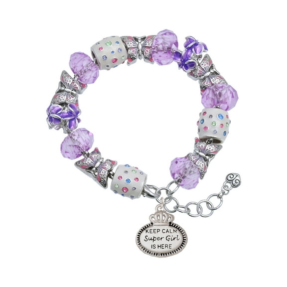 Delight Jewelry Silvertone Keep Calm Super Girl is Here Purple Butterfly Bead Charm Bracelet, 7"+1" Extender