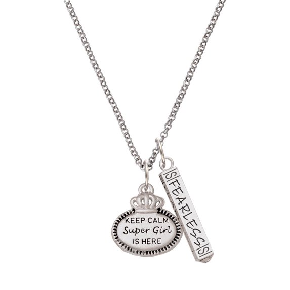Delight Jewelry Silvertone Keep Calm Super Girl is Here Silvertone Fearless Bar Charm Necklace, 23"