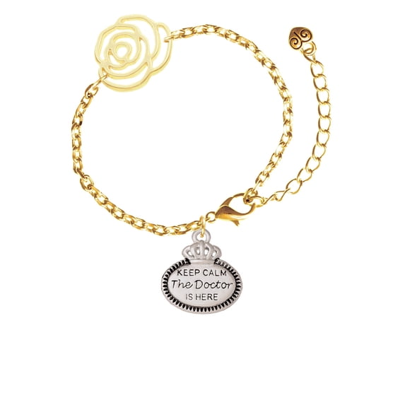 Delight Jewelry Silvertone Keep Calm The Doctor is Here Gold-tone Flower Link Chain Bracelet, 6.75"+2" Extender