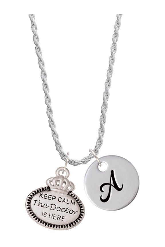 Silvertone Keep Calm The Doctor is Here Silvertone Script Initial Disc - A - Charm Necklace, 20"+3"