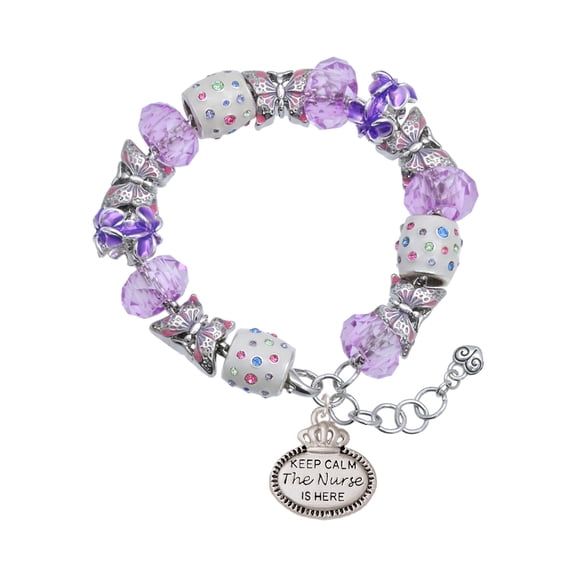 Delight Jewelry Silvertone Keep Calm The Nurse is Here Purple Butterfly Bead Charm Bracelet, 7"+1" Extender