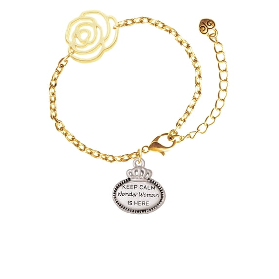 Delight Jewelry Silvertone Keep Calm Wonder Woman is Here Gold-tone Flower Link Chain Bracelet, 6.75"+2" Extender