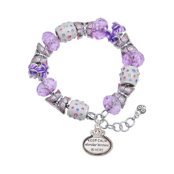 Delight Jewelry Silvertone Keep Calm Wonder Woman is Here Purple Butterfly Bead Charm Bracelet, 7"+1" Extender