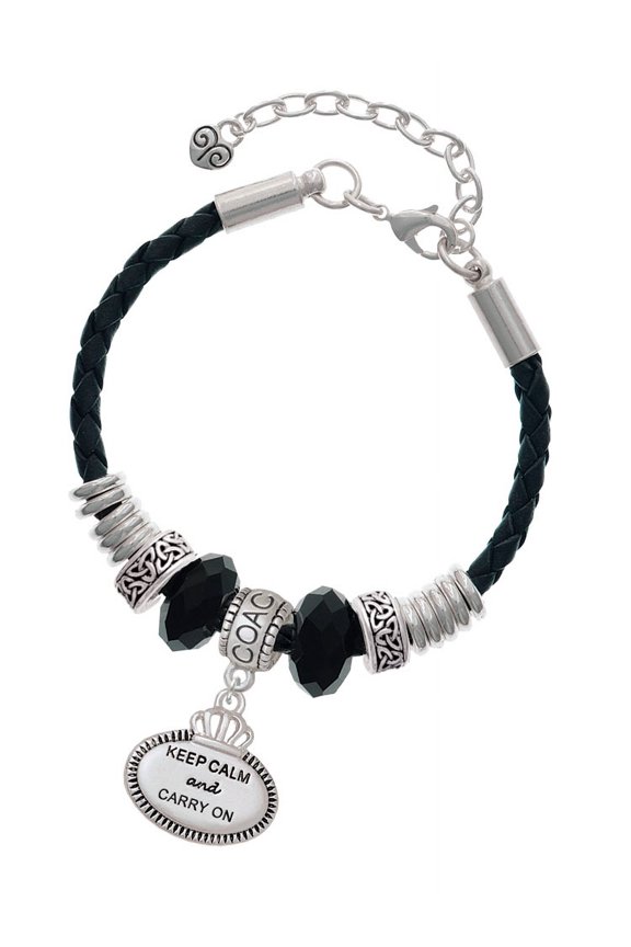 Silvertone Keep Calm and Carry On Coach Celtic Knot Leather Bead Bracelet, 7"+2" Extender