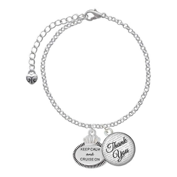 Delight Jewelry Silvertone Keep Calm and Cruise On - Domed Thank You Charm Bracelet, 6"+2"