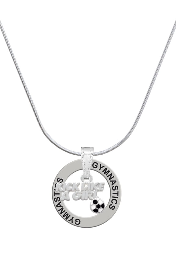 Silvertone Kick Like a Girl with Enamel Soccer Ball Gymnastics Ring Charm Necklace, 18"