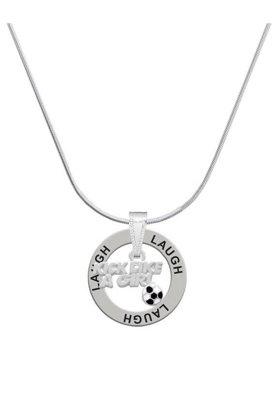 Silvertone Kick Like a Girl with Enamel Soccer Ball Laugh Ring Charm Necklace, 18"